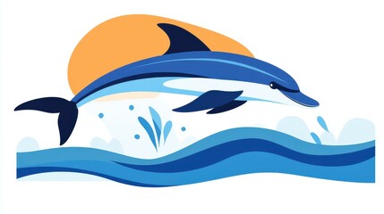 Fototapeta premium A sleek dolphin leaps in a minimalist design, showcasing clean lines and simple forms in a vibrant flat style.