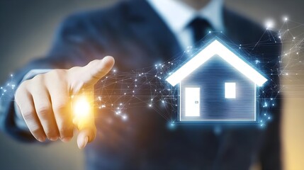 A businessman interacts with a digital home icon, symbolizing real estate technology and innovative property solutions.