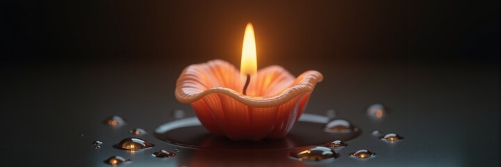 A serene floating candle in a petal-shaped holder, casting a warm glow against a dark background, perfect for wellness, relaxation, and meditation themes.