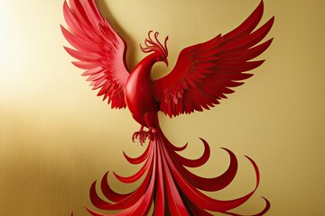 Obraz premium Enchanting Crimson Phoenix Against a Golden Backdrop Symbolizing Renewal and Celebration