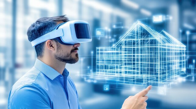 A business pro navigates a virtual interface, illustrating BIMs role in modern construction and project management.