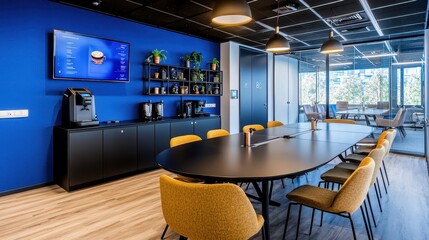Modern Office Meeting Room with Blue Wall  Coffee Machine  and Yellow Chairs