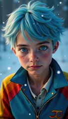 A captivating portrait of a boy with blue hair and striking features, set against a snowy backdrop, perfect for projects related to youth, creativity, and winter themes.
