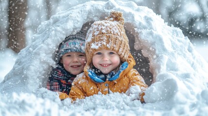Happy Kids Playing in Snow Fort  Winter Fun  Snowy Day