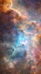 Obraz premium A colorful nebula radiates a bright center, surrounded by swirling clouds of gas and countless stars in vivid hues