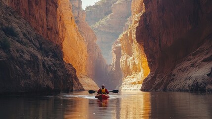 Fototapeta premium Kayaking through a narrow river canyon with cliffs