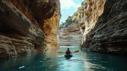 Kayaking through a narrow river canyon with cliffs