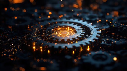 High-tech abstract background featuring interlocking gears and glowing nodes symbolizing the integration of innovation and design.