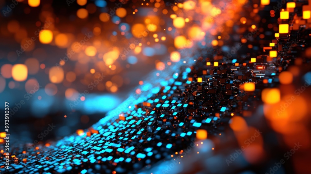 Fototapete A captivating abstract composition features glowing particles and waves of color, blending technology and dynamic movement in a modern layout