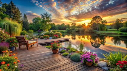 Fototapeta premium A serene backyard oasis featuring a weathered wooden deck surrounded by lush greenery, vibrant flowers, and a tranquil