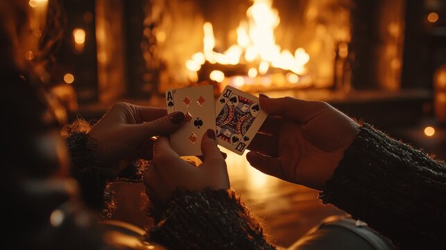 Close up of Hands Holding Playing Cards by Fireplace
