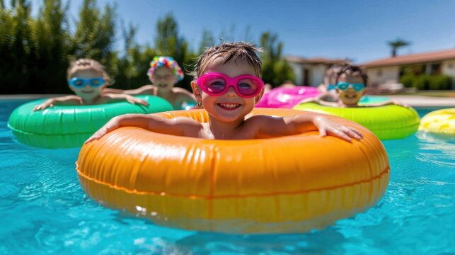 Children are joyfully floating in a pool using colorful floaties while enjoying the warm sunshine during a delightful summer party