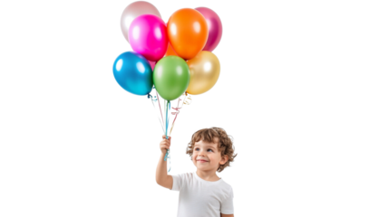 Little Kid Holding Colorful Birthday Balloons Bundle - Cut Out Image Isolated on White
