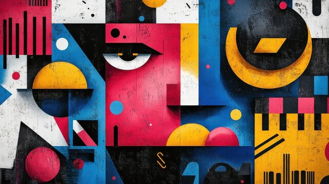 Postmodernism style club with fragmented shapes and vibrant colors.