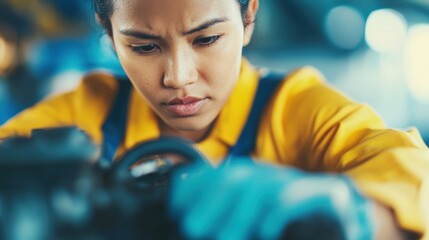 A skilled female mechanic focuses intently on repairing the engine of a vehicle in an automotive workshop filled with tools