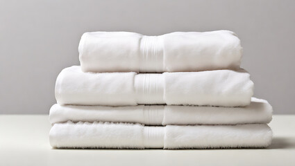 A stack of folded white towels on a plain white isolated background