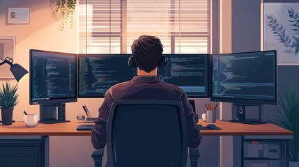 Fototapeta premium Remote work productivity, focused individual working in a minimalist home office with multiple screens