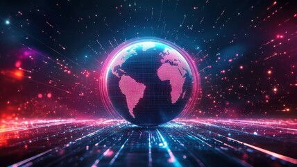 Synthwave Style world with neon lights and retro-futuristic globe.