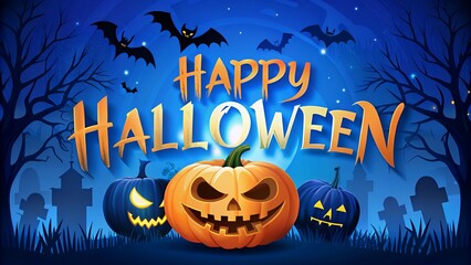 Poster for happy halloween with pumpkins and bats on it.