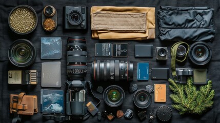 Fototapeta premium Photography Gear Layout Flat Lay Camera Lenses Accessories Gadgets