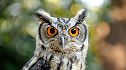 Fototapeta premium An owl with intense yellow eyes gazes intently, surrounded by vibrant greenery and soft bokeh in the background of its habitat