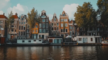 Obraz premium Colorful traditional houses lining a canal in Amsterdam, Netherlands, with boats moored along the bank and lush green trees.