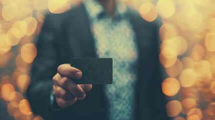 A sophisticated individual presents a VIP card amidst a lavish backdrop filled with soft, glowing lights, suggesting exclusivity and luxury