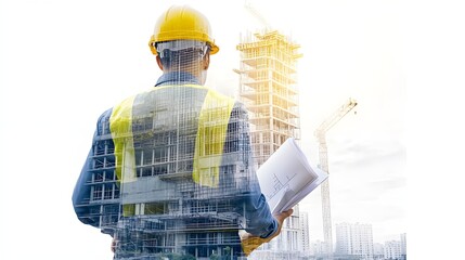 A construction worker reviews blueprints at a building site. Focused on safety and precision during the project.