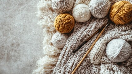 Beige and Mustard Yarn Balls on Knitted Blanket