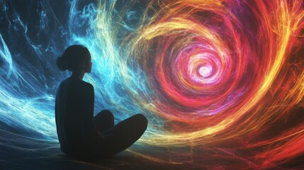 Serene Deep Breathing Visualization with Swirling Energy Patterns and Neon Glow