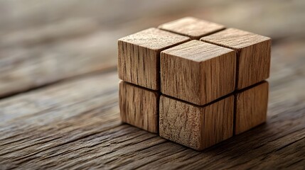 Wooden Cube Composed of Smaller Cubes on a Rough Wooden Surface