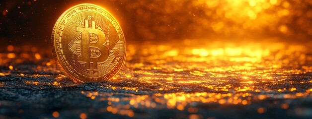 Golden Bitcoin Cryptocurrency Coin on Fire Background