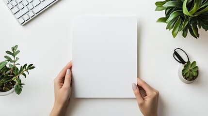 Overhead view of hands holding a blank white paper on a white desk with a keyboard, plants and glasses.