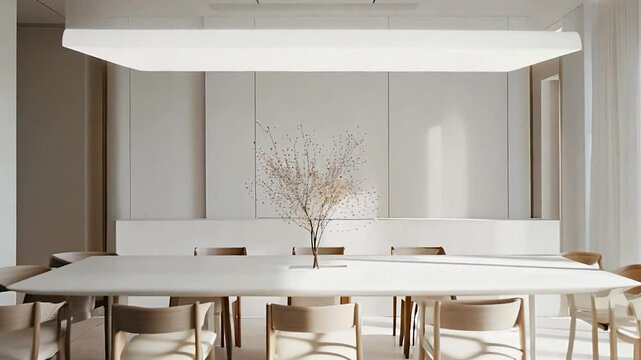 Modern dining room with white table and beige wooden chairs, minimalist style,
