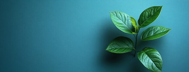 Fototapeta premium Green Leaf on Teal Background Minimalist Nature Design