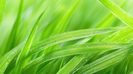 Green Grass Blades with Dew Drops Macro Photography