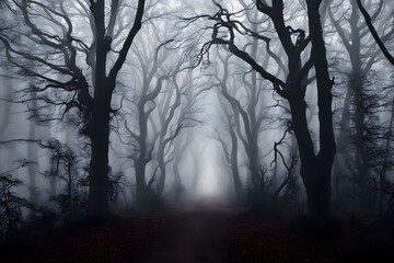 Obraz premium A shadowy forest path with silhouettes of skeletal trees lining the trail, AI Generated