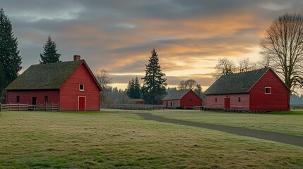 Obraz premium Three red barns on a grassy field with a dirt path leading to them. The sky is a soft pink and orange with clouds.