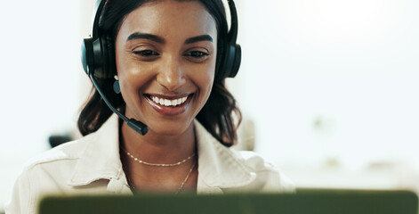 Agent, woman and support with headphones in call centre for customer service, telemarketing and...