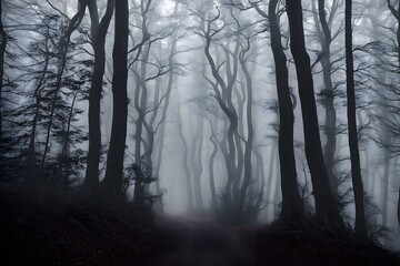 Obraz premium A shadowy forest path with silhouettes of skeletal trees lining the trail, AI Generated