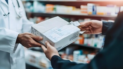A doctor hands over a medication package to a patient in a pharmacy, highlighting the importance of healthcare services.