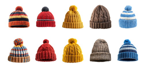 Set of winter hats isolated on transparent background