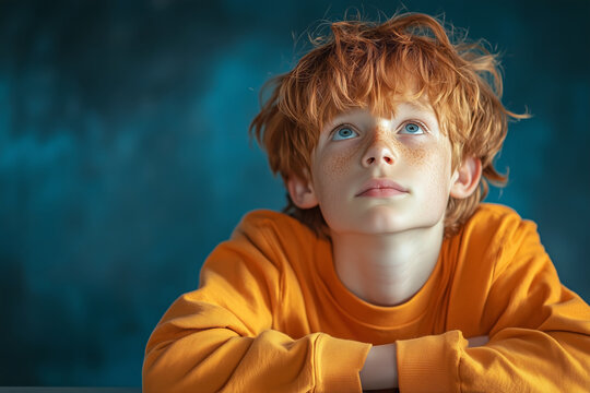 A young boy with red hair gazes thoughtfully upwards against a colorful background - Powered by Adobe