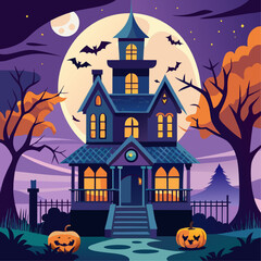 Haunted Mansion under a Full Moon: A charmingly spooky Halloween scene with a looming gothic mansion, glowing windows, and pumpkins, all under the watchful gaze of a full moon. Bats flutter in the nig