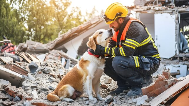 A firefighter interacts lovingly with a rescue dog amidst debris, showcasing teamwork in disaster recovery and animal companionship.