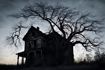 Obraz premium A silhouette of a tree with long spindly branches bending over a haunted abandoned house, AI Generated