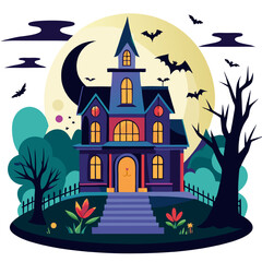 Haunted Halloween Estate Under a Crescent Moon 