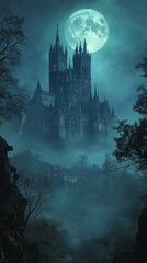 Gothic Haunted Castle Illuminated Under Full Moon in Dark Forest with Mysterious Fog and Bats Flying, Spooky Scenery Perfect for Halloween Themes