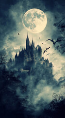 Gothic Haunted Castle Illuminated Under Full Moon in Dark Forest with Mysterious Fog and Bats Flying, Spooky Scenery Perfect for Halloween Themes