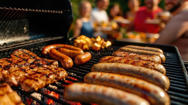 Grilled Sausages and Steak on BBQ Grill with Blurred Friends in Background